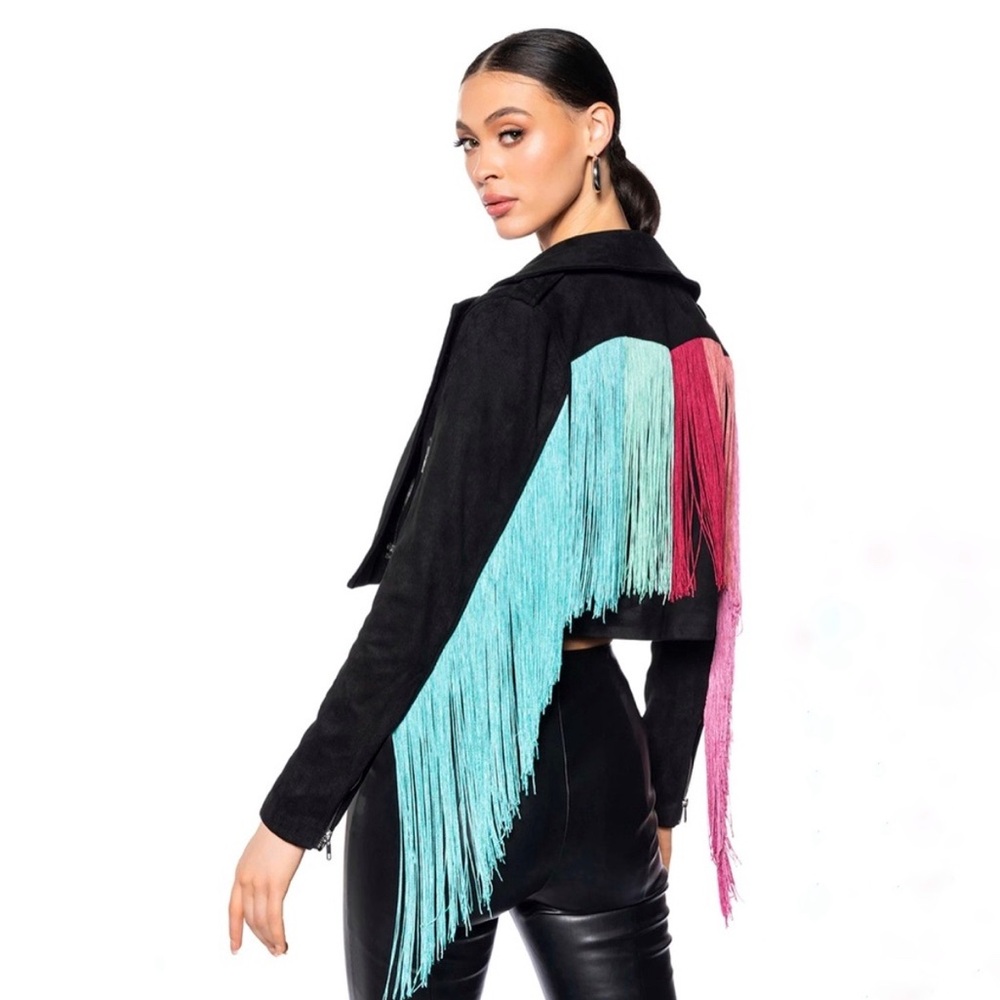 AKIRA Black Faux Suede Fringe Jacket with Rainbow. fringe on sleeves and back!!